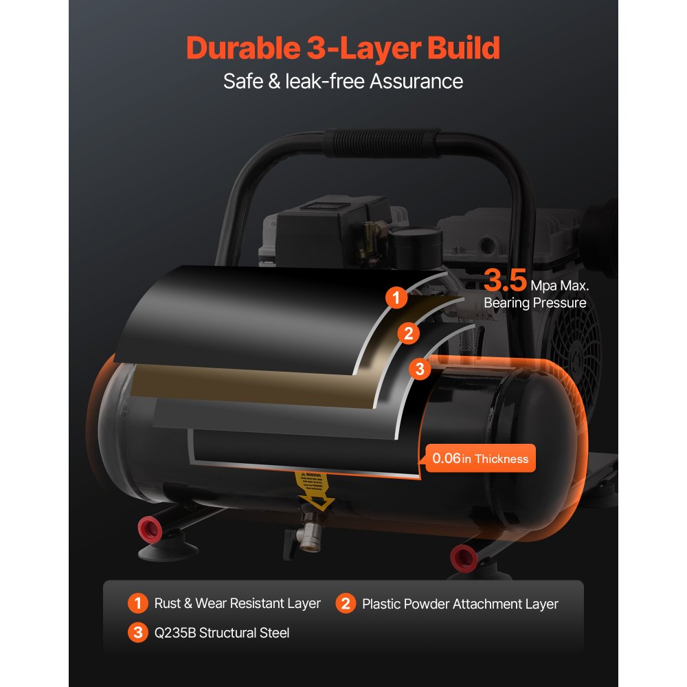 VEVOR Compressore d'Aria, Serbatoio in Acciaio 4 L Compressore d'Aria Senza Olio, Compressore Portatile Ultra Silenzioso da 68 dB per Riparazioni Auto, Gonfiaggio Pneumatici, Verniciatura a Spruzzo