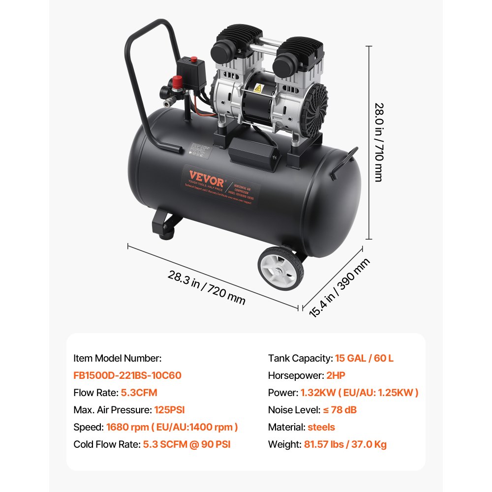 VEVOR Compressore d'Aria, Serbatoio in Acciaio 60 L Compressore d'Aria Senza Olio, Compressore Portatile Ultra Silenzioso da 78 dB per Riparazioni Auto, Gonfiaggio Pneumatici, Verniciatura a Spruzzo