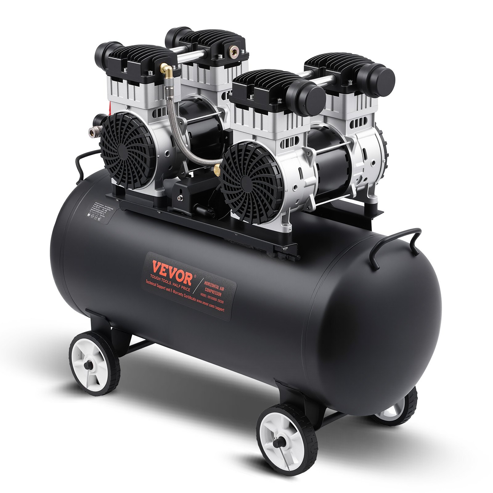 VEVOR Compressore d'Aria, Serbatoio in Acciaio 75 L Compressore d'Aria Senza Olio, Compressore Portatile Ultra Silenzioso da 78 dB per Riparazioni Auto, Gonfiaggio Pneumatici, Verniciatura a Spruzzo