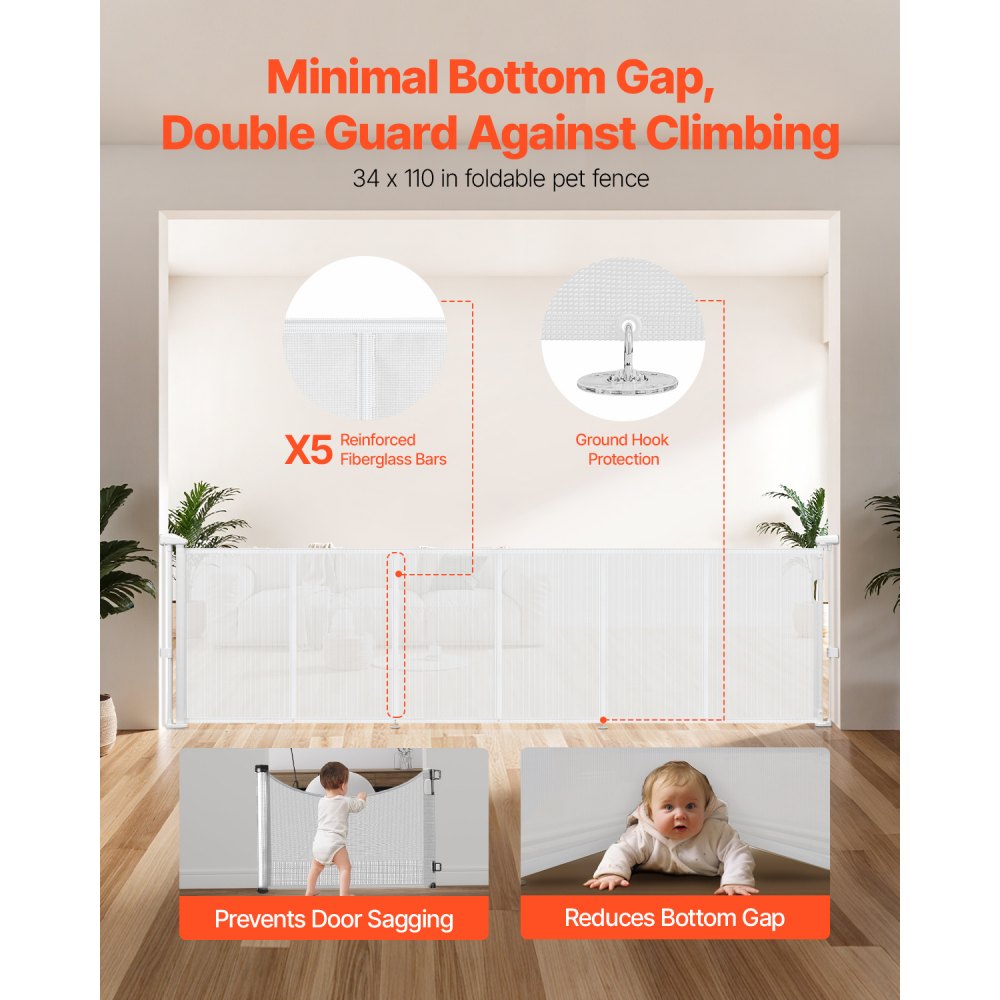 VEVOR Cancelletto Retrattile per Bambini, Alto 870 mm, Estensibile Fino a 2800 mm di Larghezza, per Bambini o Animali Domestici, Materiale a Rete, per Scale Interne, Porte, Sale Giochi, Bianco