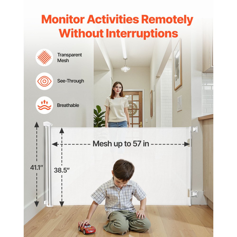 VEVOR Cancelletto Retrattile, Installazione Interna 1450 mm di Larghezza, 980 mm di Altezza, con Strisce in Fibra di Vetro Rinforzata, Impedisce che Si Infilino, Cancelletto in Rete per Cani, Bianco