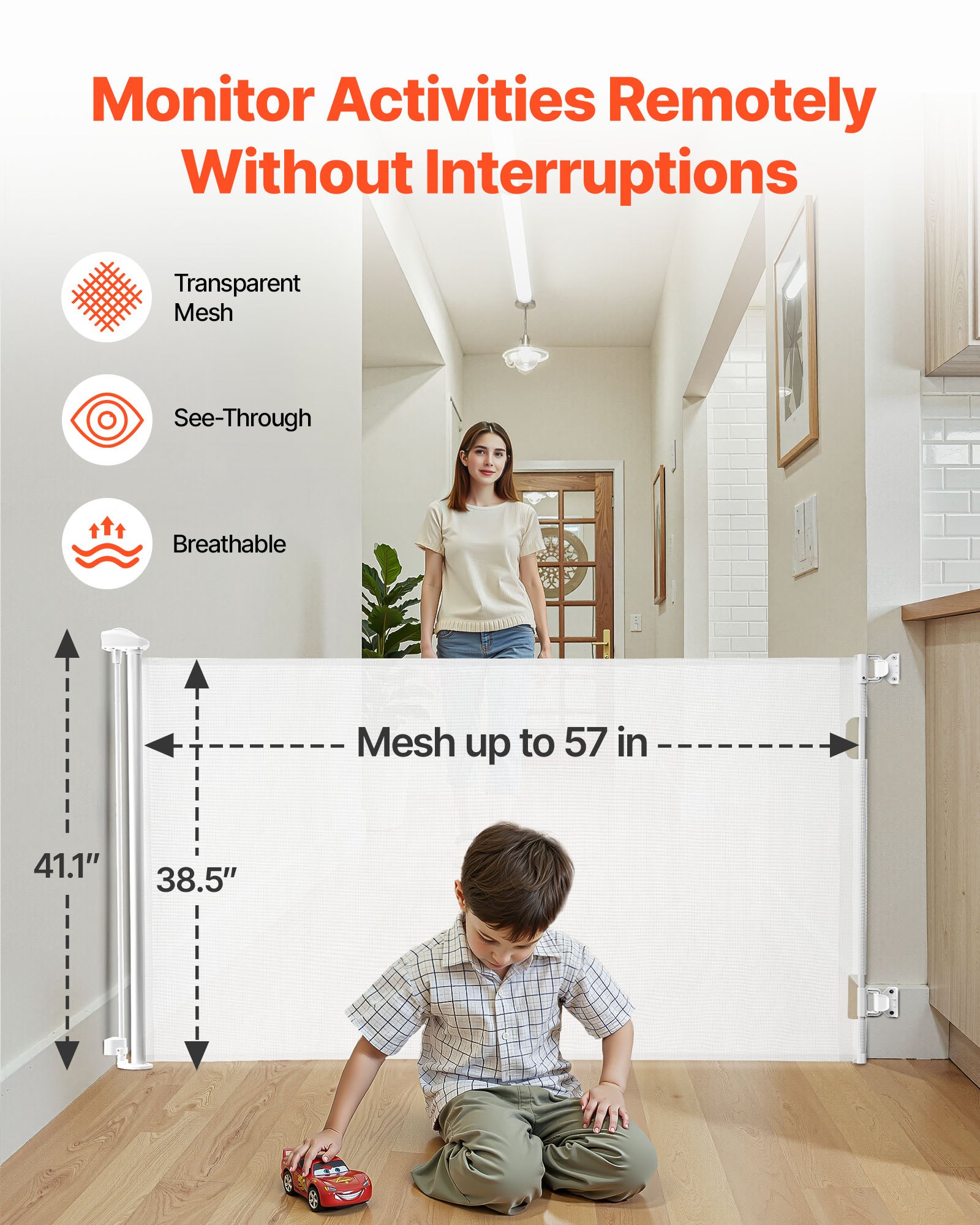 VEVOR Cancelletto Retrattile, Installazione Interna 1450 mm di Larghezza, 980 mm di Altezza, con Strisce in Fibra di Vetro Rinforzata, Impedisce che Si Infilino, Cancelletto in Rete per Cani, Bianco