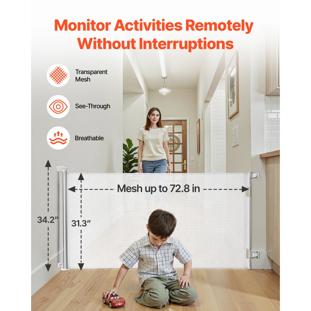 VEVOR Retractable Baby Gate, Extends to 1850 mm Wide, 795 mm Tall, with Security Lock, Easy to Use, Walk Through Without Tripping, Mesh Dog Gate for Stairs, Hallways, Indoor/Outdoor, White