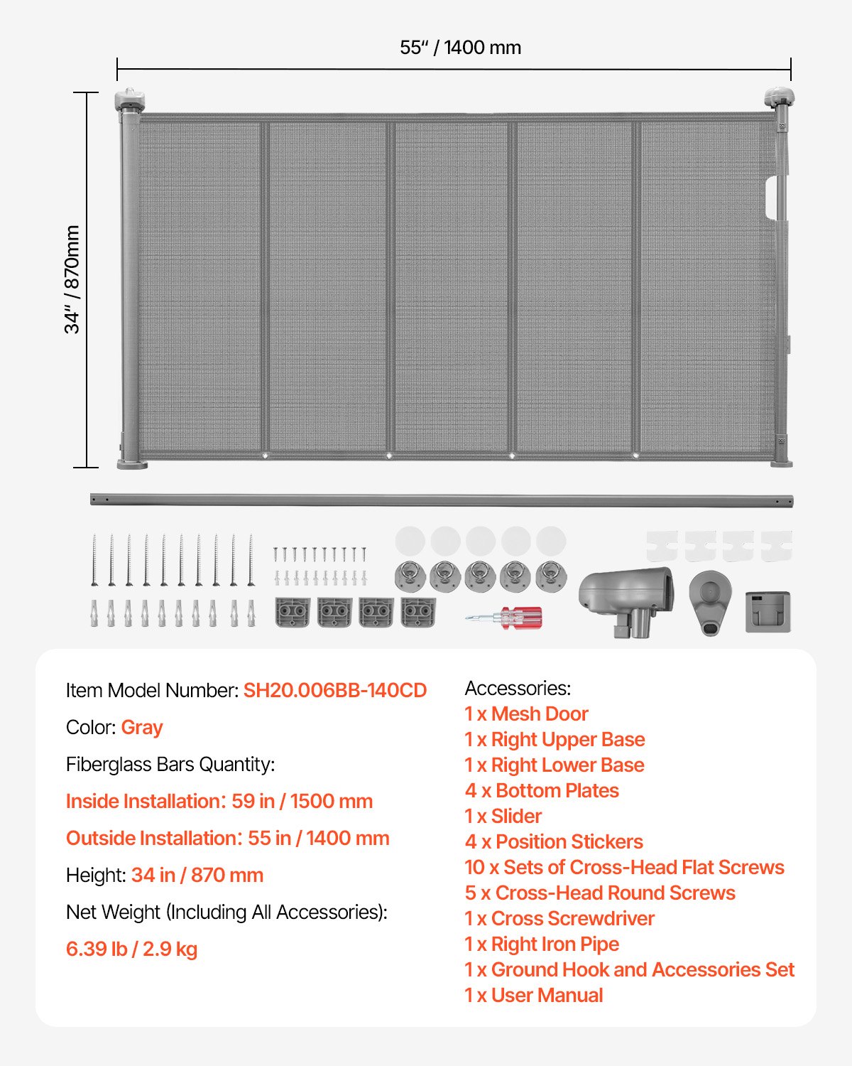 VEVOR Cancelletto di Sicurezza a Rete Retrattile Altezza 87 cm Estensibile max. 140 cm di Larghezza per Uso Domestico, Cancelletto a Casa Cancelletto a Rete per Scale Interne, Porte, Corridoi, Grigio