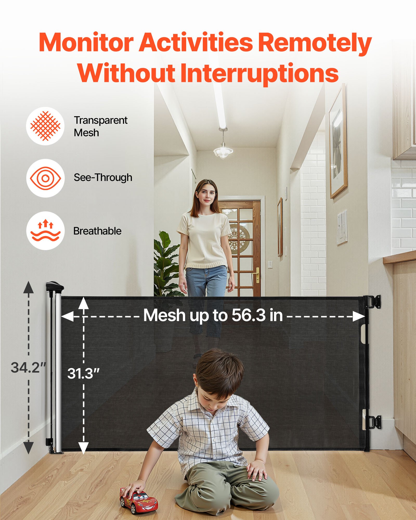 VEVOR Retractable Baby Gate, Extends to 1430 mm Wide, 795 mm Tall, with Security Lock, Easy to Use, Walk Through Without Tripping, Mesh Dog Gate for Stairs, Hallways, Indoor/Outdoor, Black