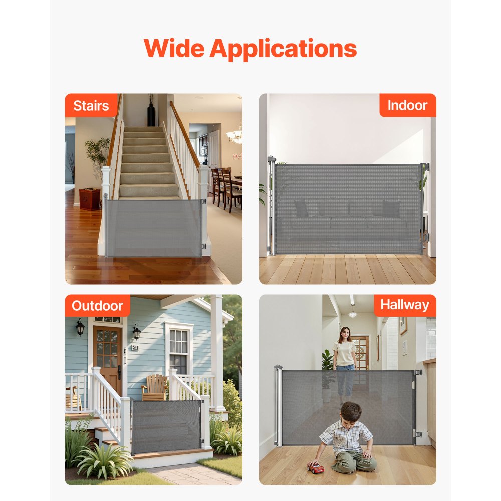 VEVOR Retractable Baby Gate, Extends to 1450 mm Wide, 980 mm Tall, with Security Lock, Easy to Use, Walk Through Without Tripping, Mesh Dog Gate for Stairs, Hallways, Indoor/Outdoor, Gray