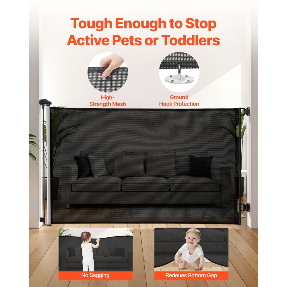 VEVOR Cancelletto Retrattile, Installazione Interna 1450 mm di Larghezza, 980 mm di Altezza, con Strisce in Fibra di Vetro Rinforzata, Impedisce che Si Infilino, Cancelletto in Rete per Cani, Nero