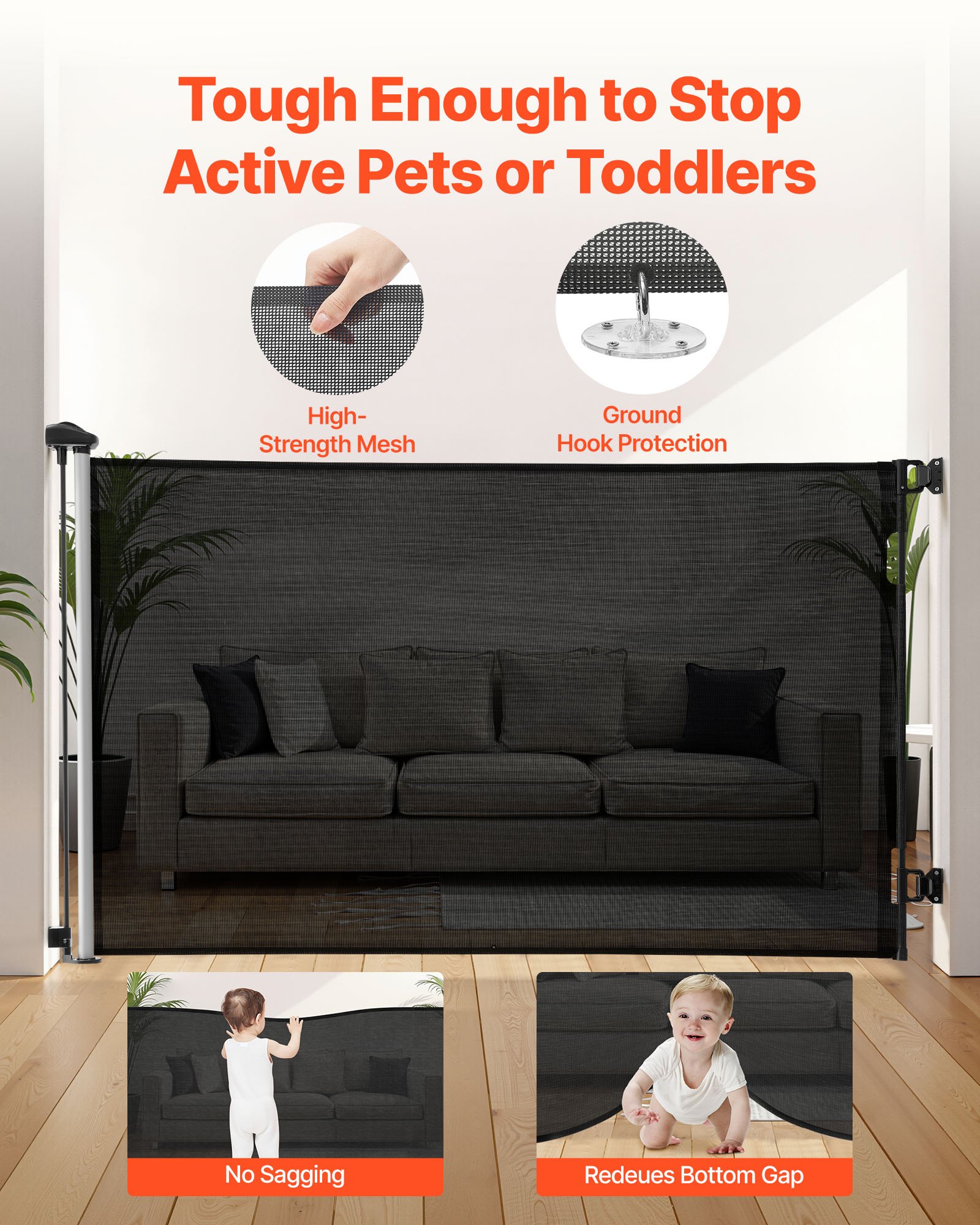 VEVOR Cancelletto Retrattile, Installazione Interna 1450 mm di Larghezza, 980 mm di Altezza, con Strisce in Fibra di Vetro Rinforzata, Impedisce che Si Infilino, Cancelletto in Rete per Cani, Nero