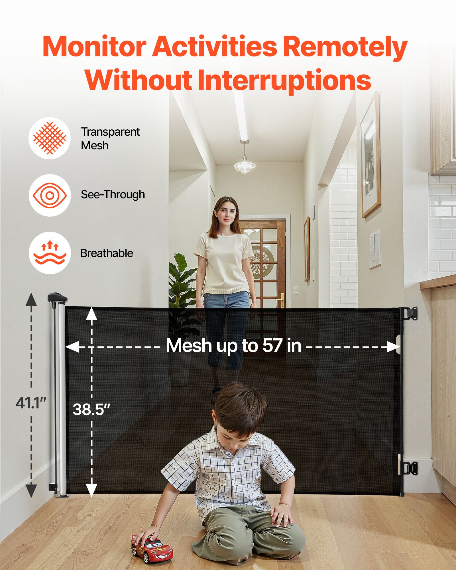 VEVOR Cancelletto Retrattile, Installazione Interna 1450 mm di Larghezza, 980 mm di Altezza, con Strisce in Fibra di Vetro Rinforzata, Impedisce che Si Infilino, Cancelletto in Rete per Cani, Nero