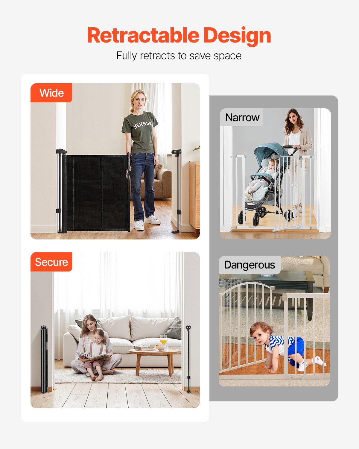 VEVOR Cancelletto di Sicurezza Retrattile, Altezza 870 mm Estensibile Fino a 1400 mm di Larghezza, Cancelletto Estensibile per Scale Interne, Materiale a Rete, Porte, Corridoi, Sale Giochi, Nero