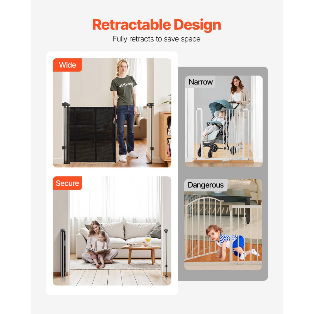 VEVOR Retractable Baby Gate, 870 mm Tall, Extends up to 1800 mm Wide, Retractable Gate for Kids or Pets, Mesh Material, Easy to Install for Indoor Stairs, Doorways, Hallways, Playrooms, Black