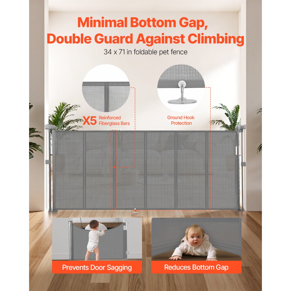 VEVOR Retractable Baby Gate, 870 mm Tall, Extends up to 1800 mm Wide, Retractable Gate for Kids or Pets, Mesh Material, Easy to Install for Indoor Stairs, Doorways, Hallways, Playrooms, Gray