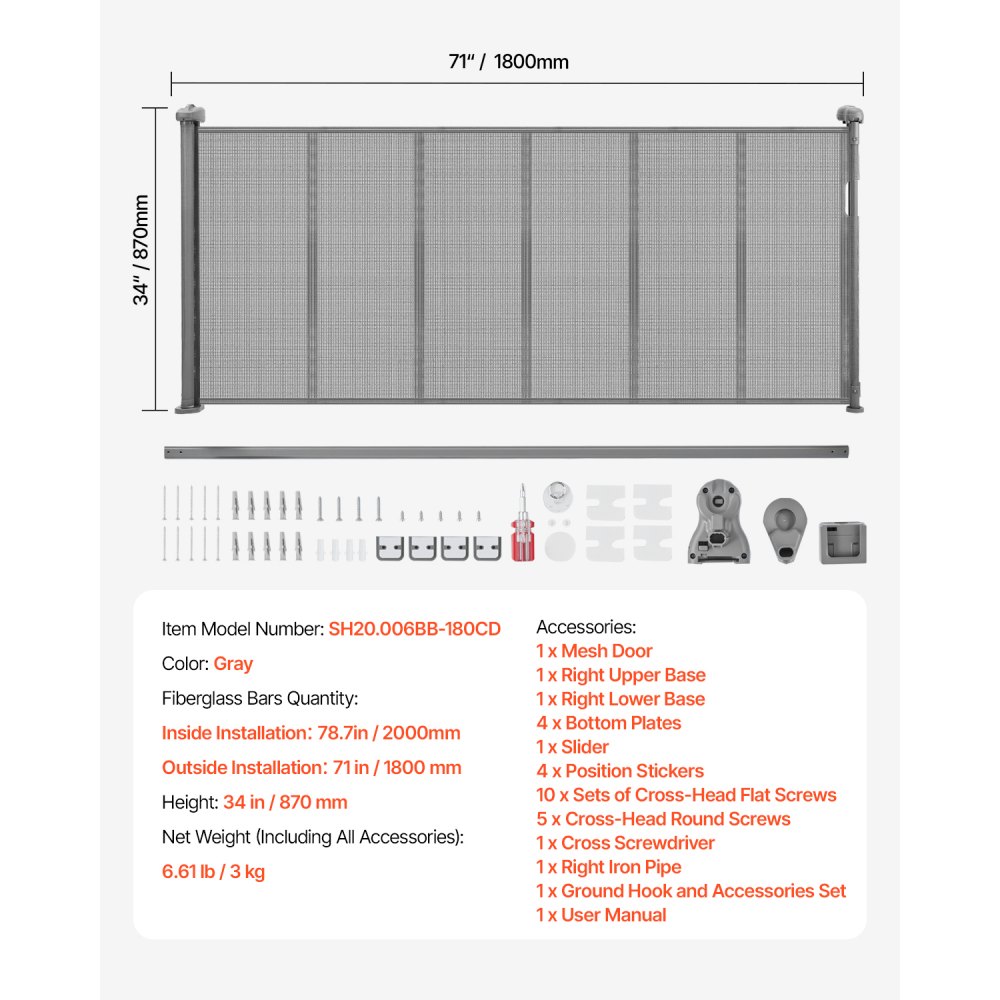 VEVOR Retractable Baby Gate, 870 mm Tall, Extends up to 1800 mm Wide, Retractable Gate for Kids or Pets, Mesh Material, Easy to Install for Indoor Stairs, Doorways, Hallways, Playrooms, Gray
