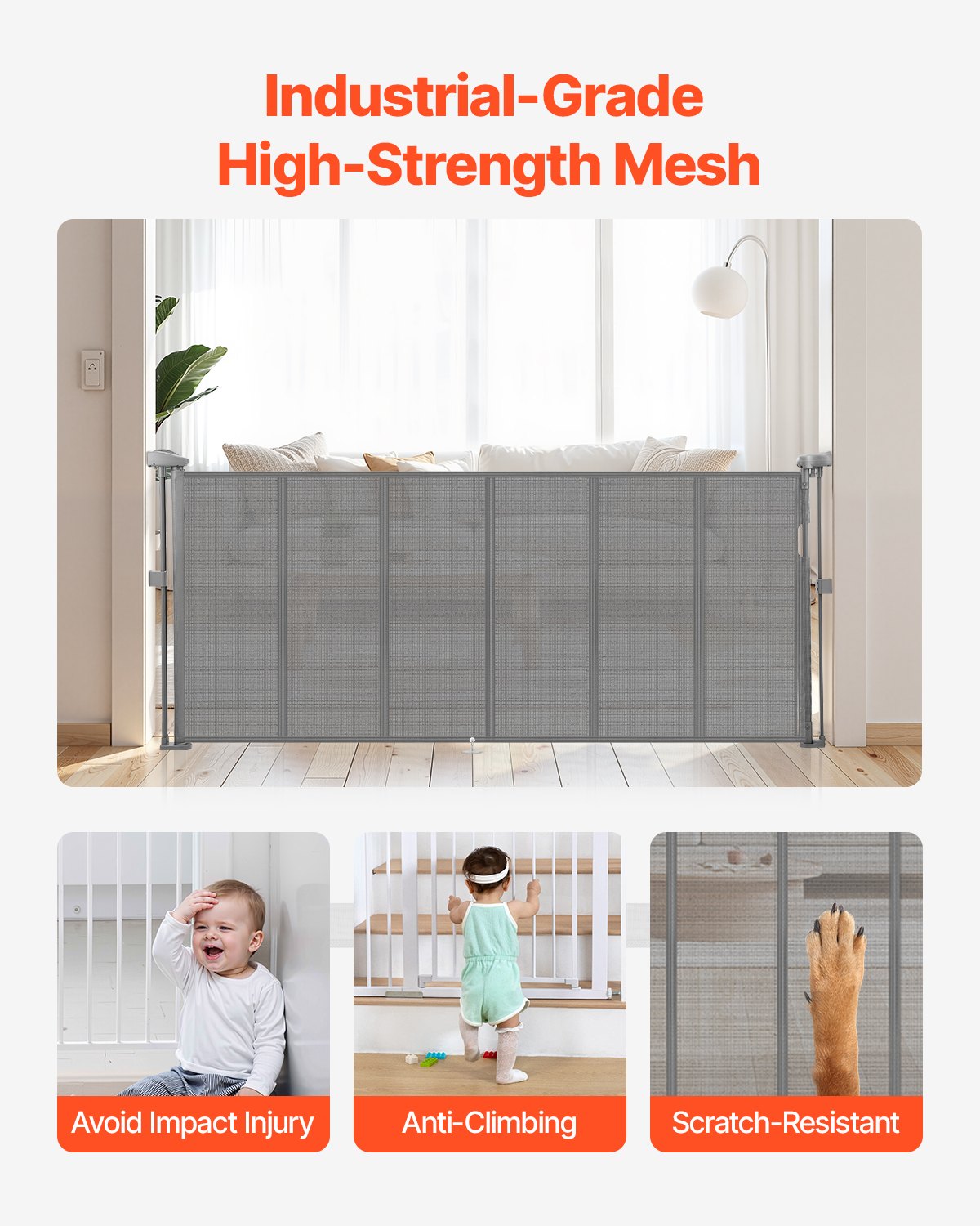 VEVOR Retractable Baby Gate, 870 mm Tall, Extends up to 1800 mm Wide, Retractable Gate for Kids or Pets, Mesh Material, Easy to Install for Indoor Stairs, Doorways, Hallways, Playrooms, Gray