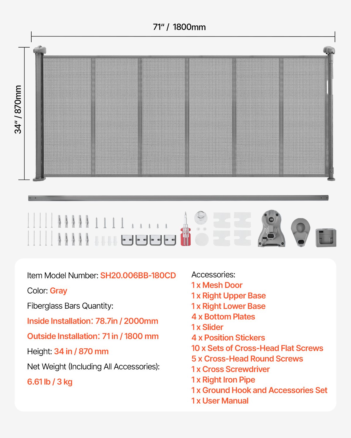 VEVOR Retractable Baby Gate, 870 mm Tall, Extends up to 1800 mm Wide, Retractable Gate for Kids or Pets, Mesh Material, Easy to Install for Indoor Stairs, Doorways, Hallways, Playrooms, Gray