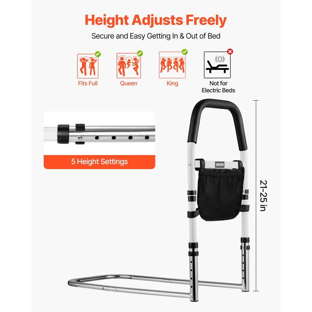 VEVOR Sponda per Letto per Anziani e Pazienti, Sponda di Supporto per il Letto con Corrimano, Bastone da Comodino in Tubo di Acciaio al Carbonio, Regolabile in Altezza, per Vari Letti
