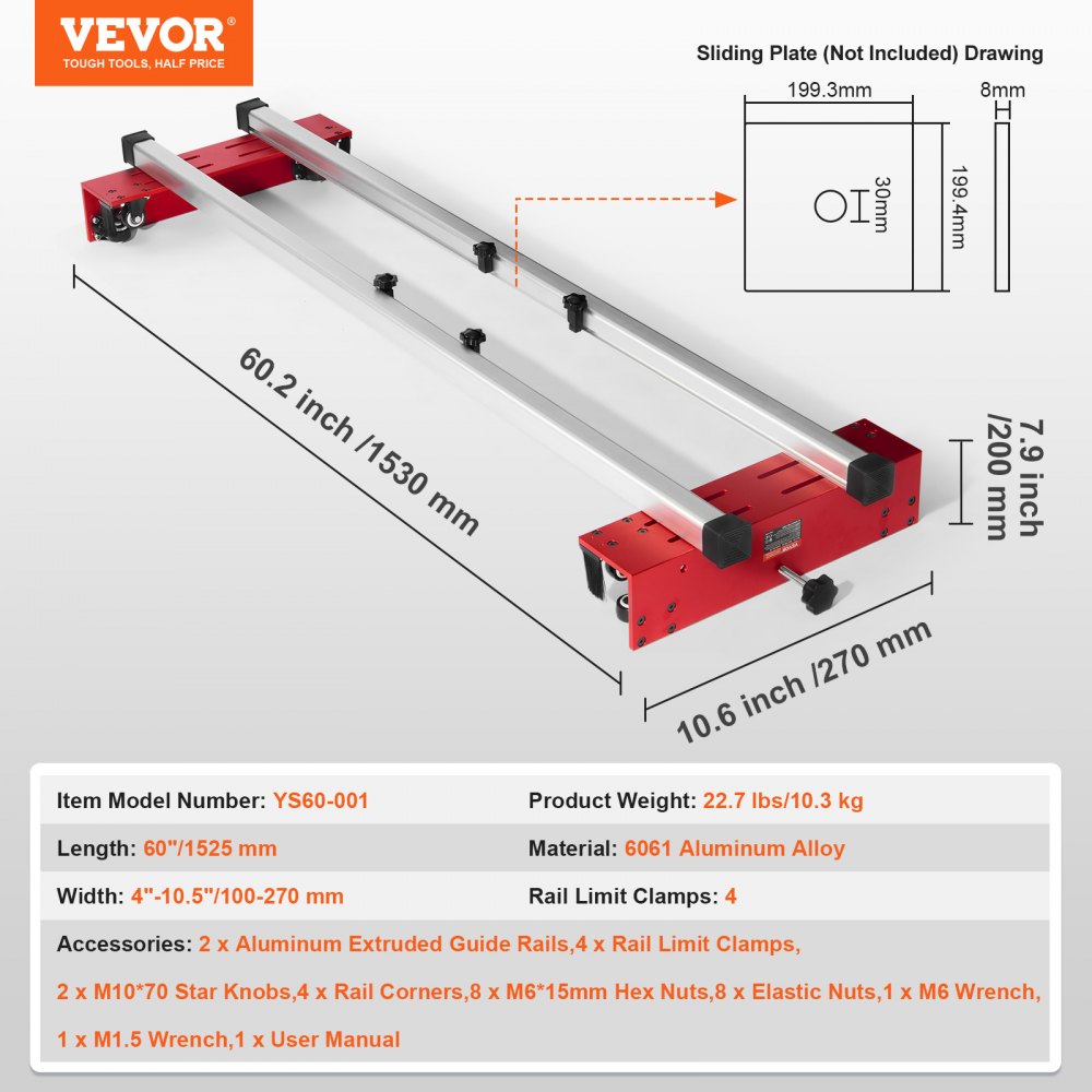 VEVOR Slitta Fresatrice Regolabile 1525 mm Appiattire Lastre Rifilatura Legno