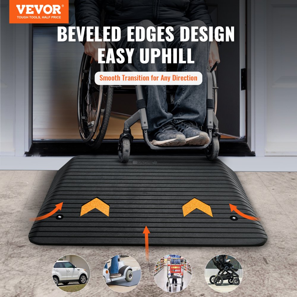 VEVOR Rampa di Soglia Altezza 10,2 cm Rampa da Marciapiede in Gomma 1 Canale Capacità di Carico 15 Tonnellate Superficie Strutturata Antiscivolo per Carrozzina Auto Scooter Garage 90,2x62x10,2 cm