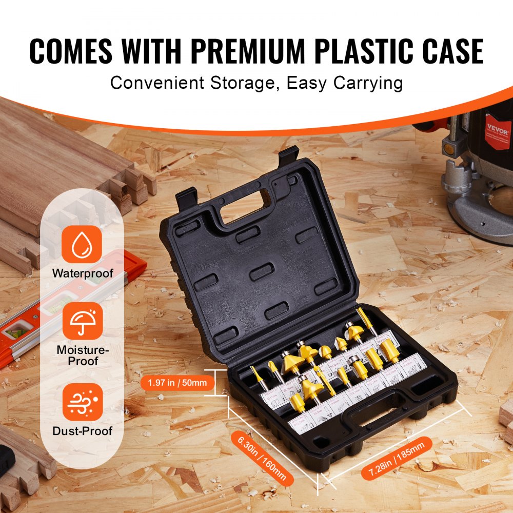 VEVOR Router Bit Set, 15-piece, Router Bit Set with 1/4-inch Shank, Plastic Carrying Case, Woodworking Tools for Professional and Beginner Carpenters, for Wood, MDF, Chipboard, Plywood