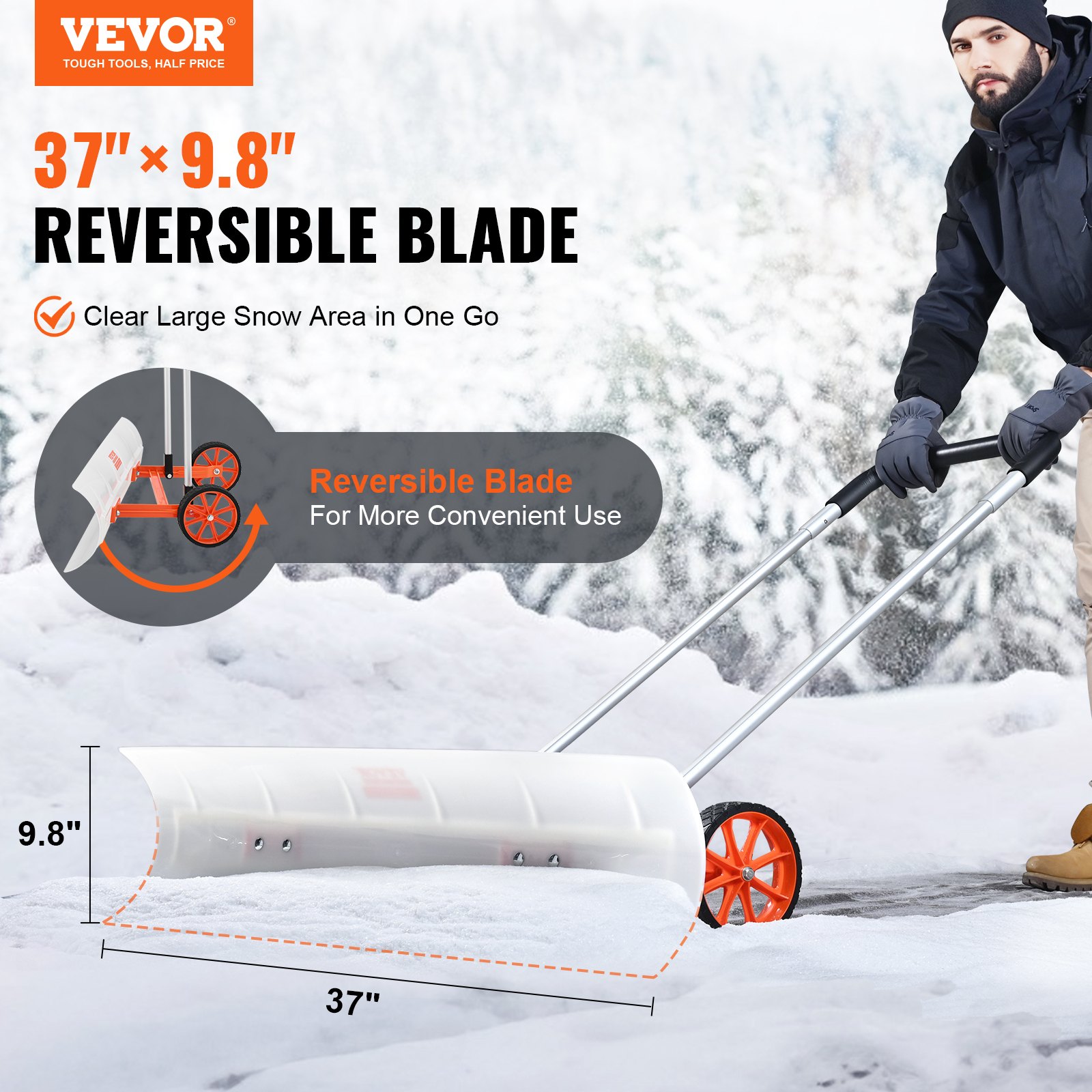VEVOR Pala Neve con Ruote Larghezza Lama 94cm per Vialetto Ingresso di Porta Marciapiedi, Spintore di Neve con Ruote per il Vialetto, Spazzaneve a Rotelle Pala da 94cm Manico in Alluminio a Forma di U