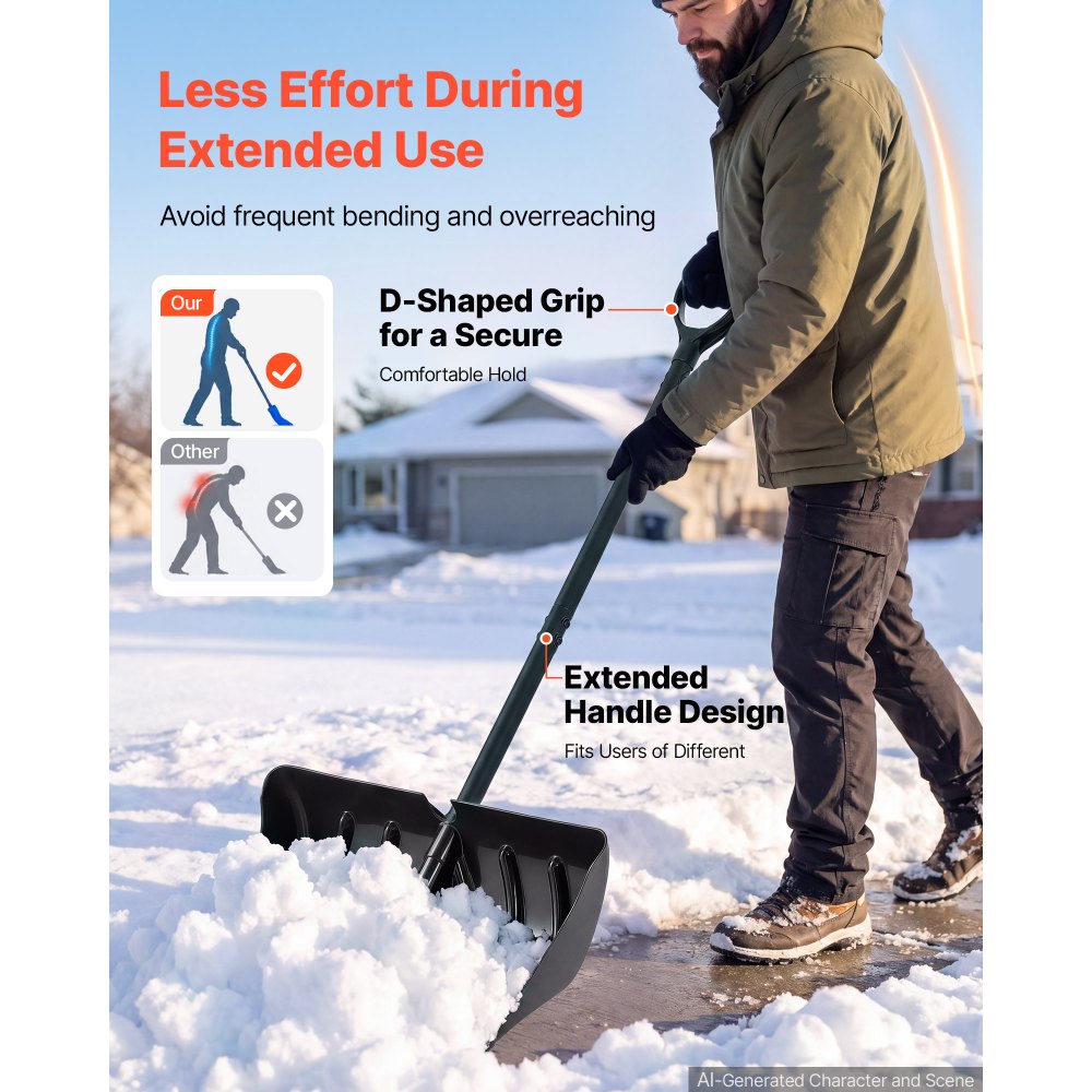VEVOR Snow Shovel for Driveway 558.8 mm Plastic Shovel with D-Grip Handle, for Home Garden Camping Outdoor Use, Aluminum Strip, Large Capacity Lightweight Snow Removal Tool with Extended Steel Handle