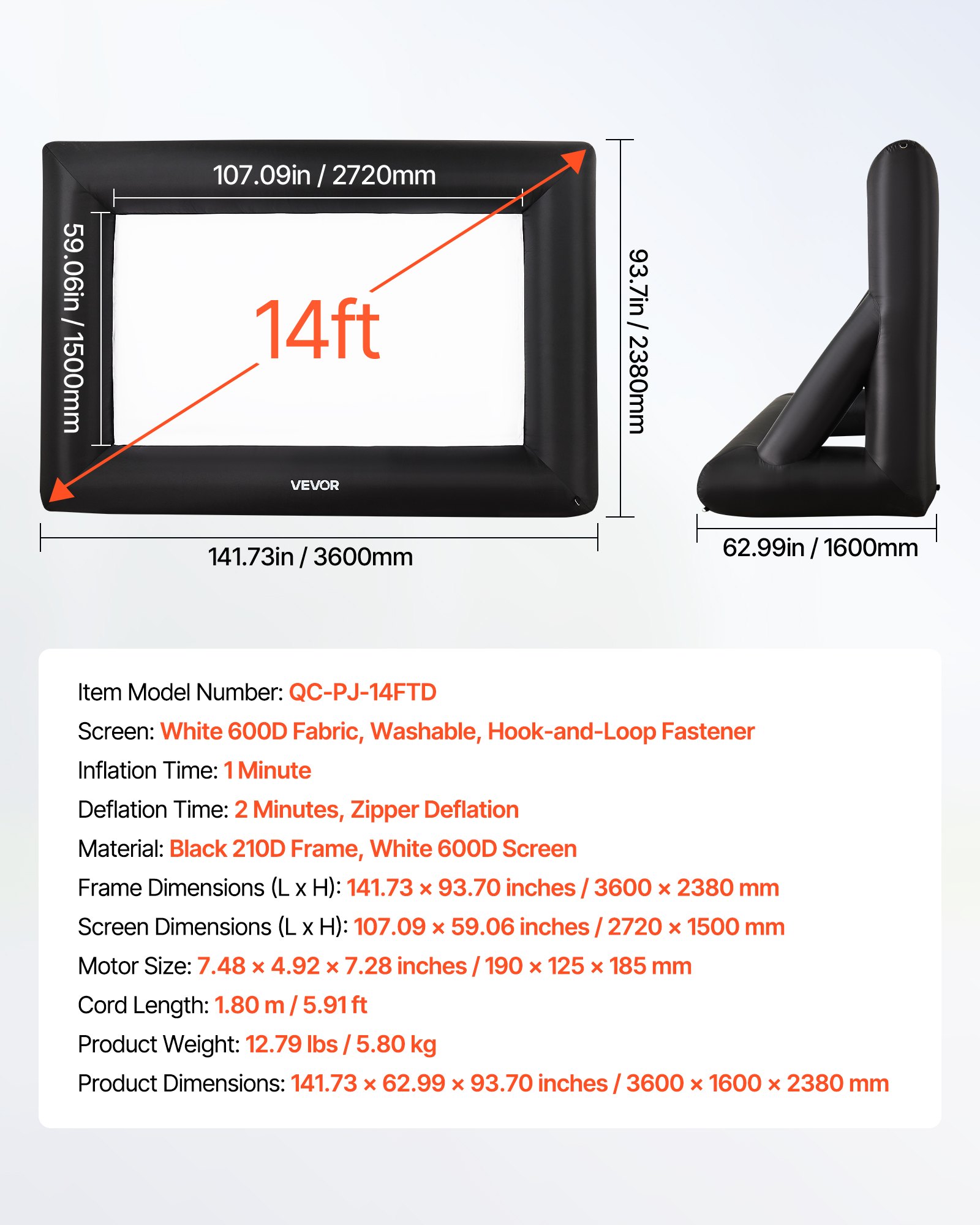 VEVOR 14 ft Inflatable Movie Screen, 600D Washable Inflatable Projection Screen with Portable Storage Bag, Easy Set Up 16:9 Movie Projector for Outdoor Backyard, Home Theater, Theme Party, Pool Fun