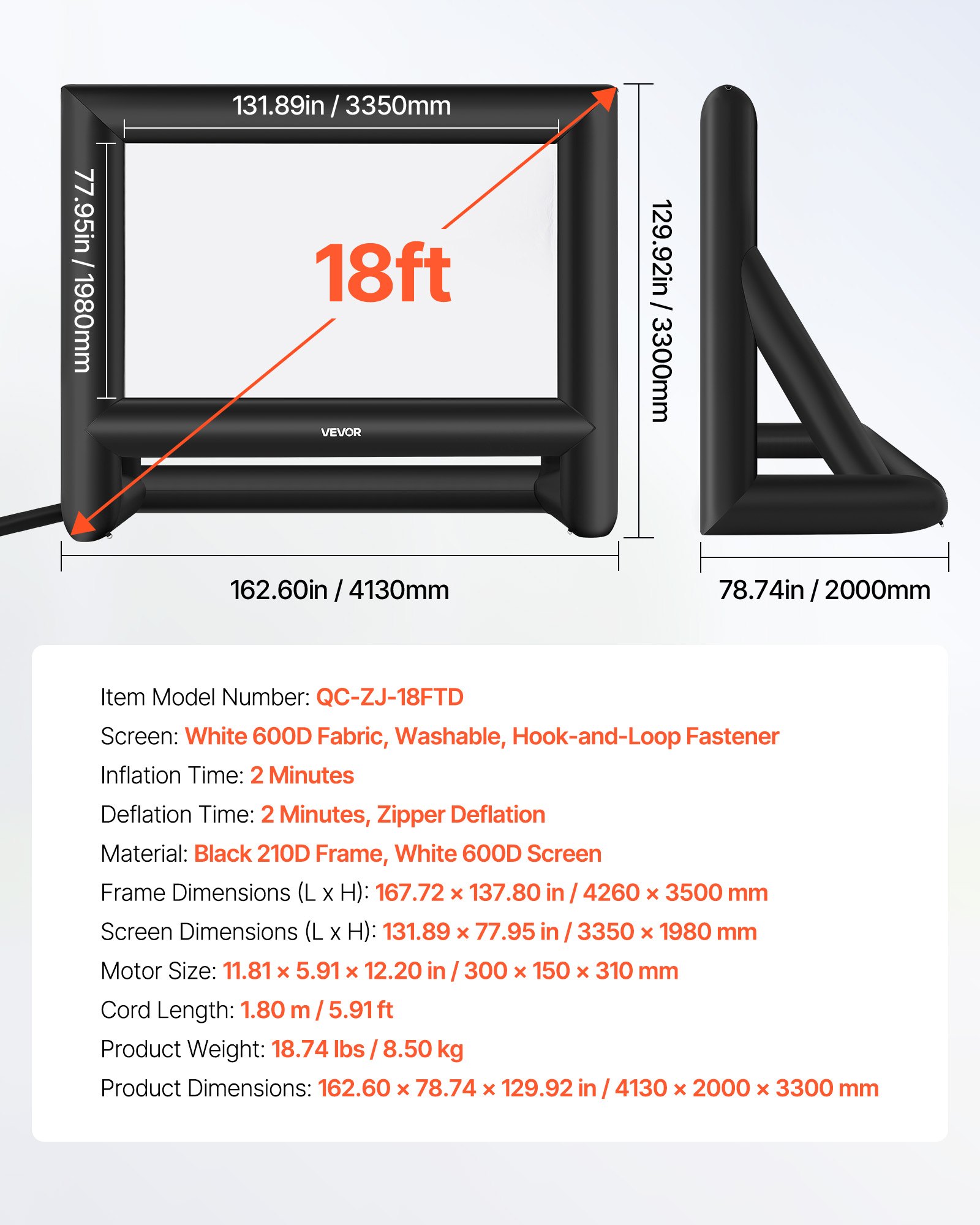 VEVOR Schermo Cinematografico Gonfiabile 4130 x 2000 x 3300 mm Schermo Gonfiabile per Proiezione Lavabile in 600D con Borsa Portatile, Formato 16:9, per Proiezioni di Film all'Aperto, Feste a Tema