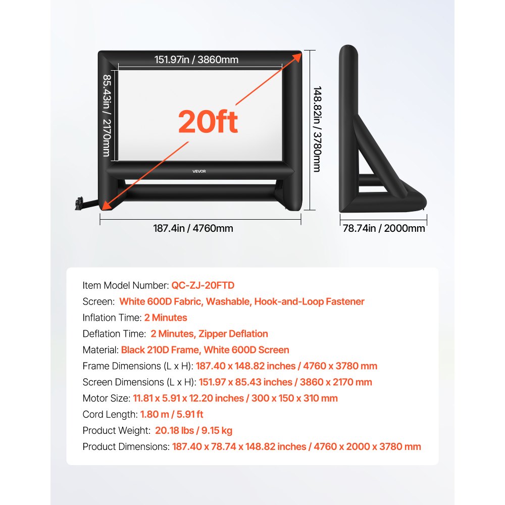 VEVOR Schermo Cinematografico Gonfiabile 4760 x 2000 x 3780 mm Schermo Gonfiabile per Proiezione Lavabile in 600D con Borsa Portatile, Formato 16:9, per Proiezioni di Film all'Aperto, Feste a Tema