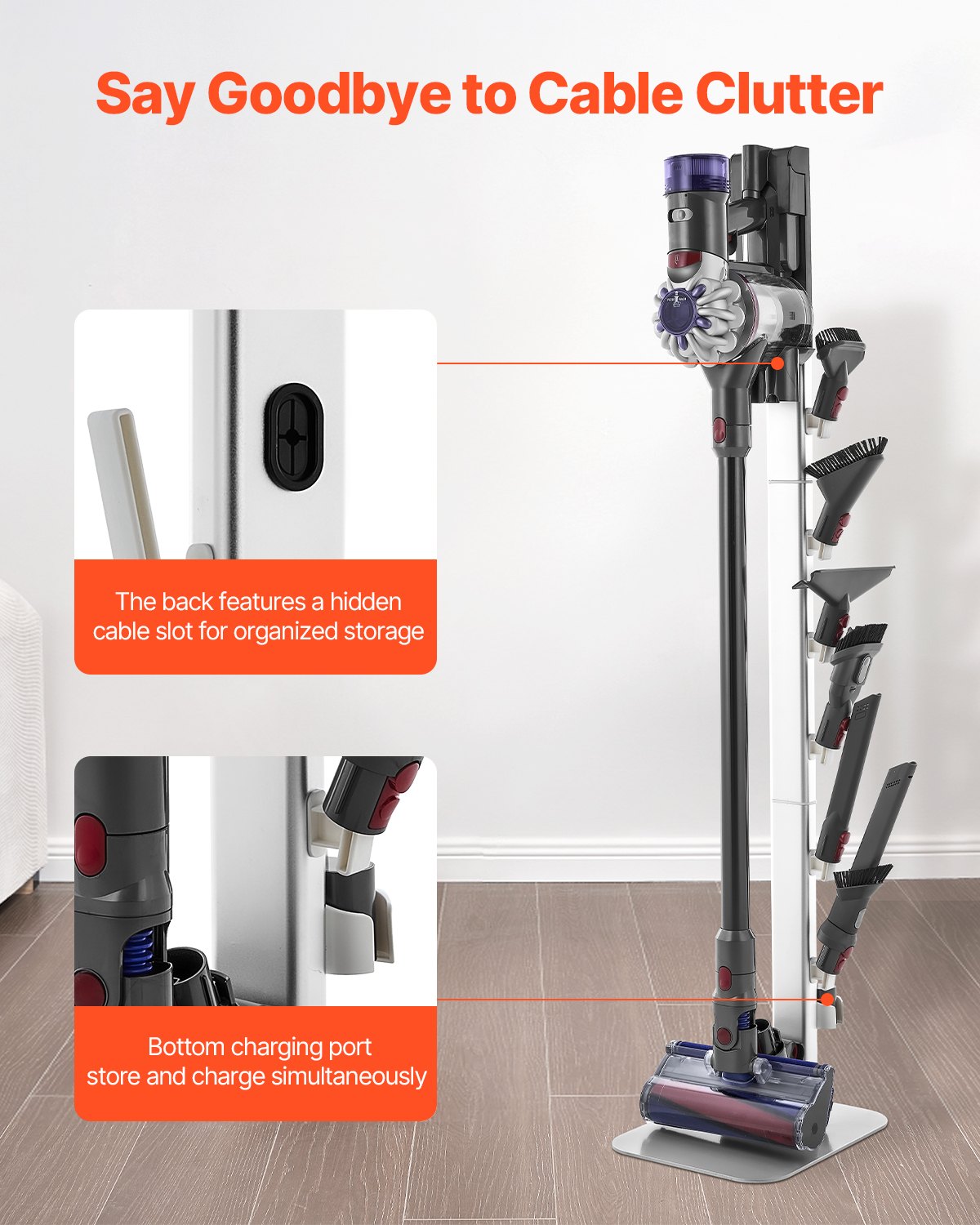 VEVOR Supporto per Aspirapolvere, Compatibile con Dyson G5 V15 V12 V11 V10 V8 V7 V6 e Accessori, Supporto Universale Porta Aspirapolvere con 6 Ganci e Piedini Antiscivolo, Argento Bianco