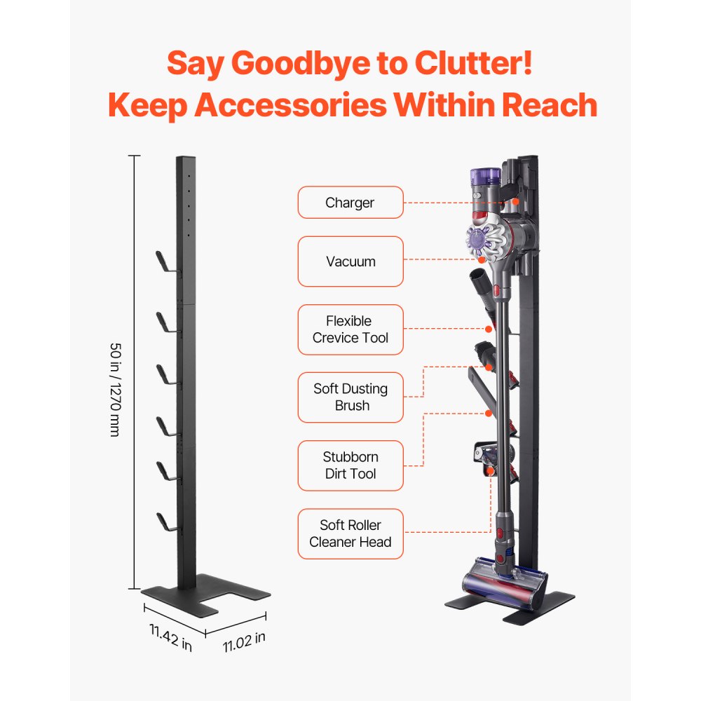 VEVOR vacuum cleaner stand, compatible with Dyson V6 V7 V8 V10 V11 V15, stable vacuum cleaner stand holder with 6 hooks for Dyson DC30 DC31 DC34 DC35 DC58 DC59 DC62 D74 cordless vacuum cleaners and accessories