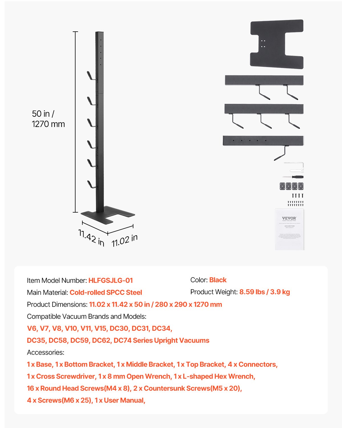 VEVOR Supporto per Aspirapolvere, Compatibile con Dyson V6 V7 V8 V10 V11 V15, Supporto per Aspirapolvere Stabile con 6 Ganci per Aspirapolvere Verticali Senza Fili Dyson DC30 DC31 DC34 DC35 Accessori