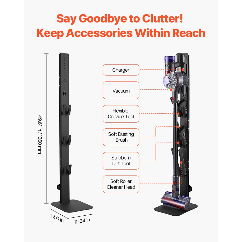 VEVOR Vacuum Cleaner Stand 32x26x126cm, compatible with Dyson G5 V15 V12 V11 V10 V8 V7 V6 Series Upright Vacuum Cleaners & Accessories, Floor Stand, Holder with 6 Hooks & Non-Slip Foot Pads, Black