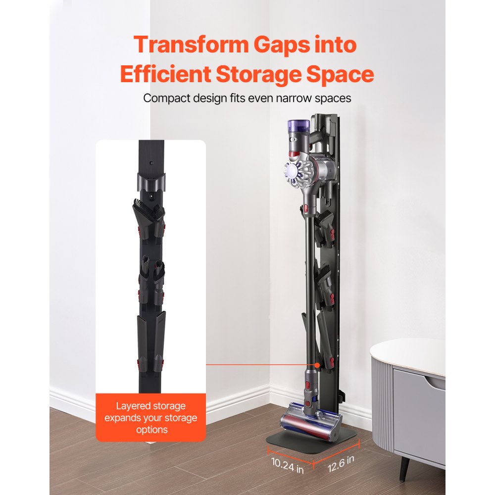 VEVOR Vacuum Cleaner Stand 32x26x126cm, compatible with Dyson G5 V15 V12 V11 V10 V8 V7 V6 Series Upright Vacuum Cleaners & Accessories, Floor Stand, Holder with 6 Hooks & Non-Slip Foot Pads, Black