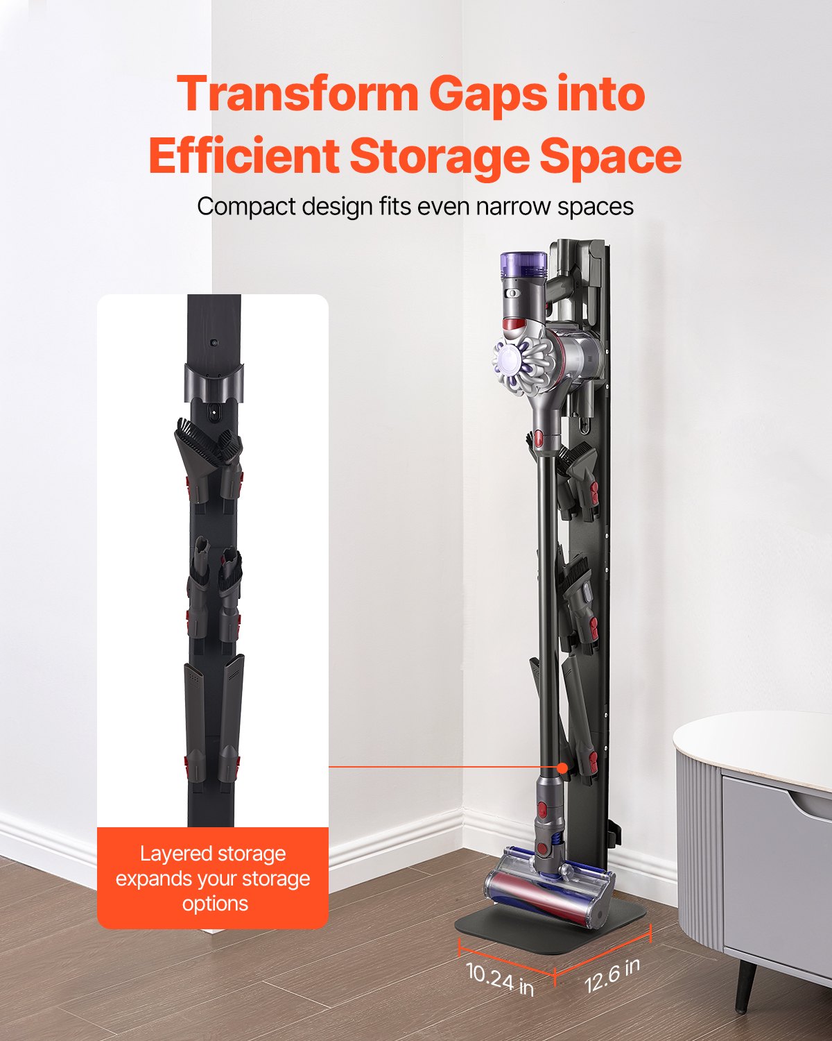 VEVOR Supporto per Aspirapolvere, Compatibile con Dyson G5 V15 V12 V11 V10 V8 V7 V6 Serie e Accessori, Supporto Universale Porta Aspirapolvere con 6 Ganci e Piedini Antiscivolo, Nero