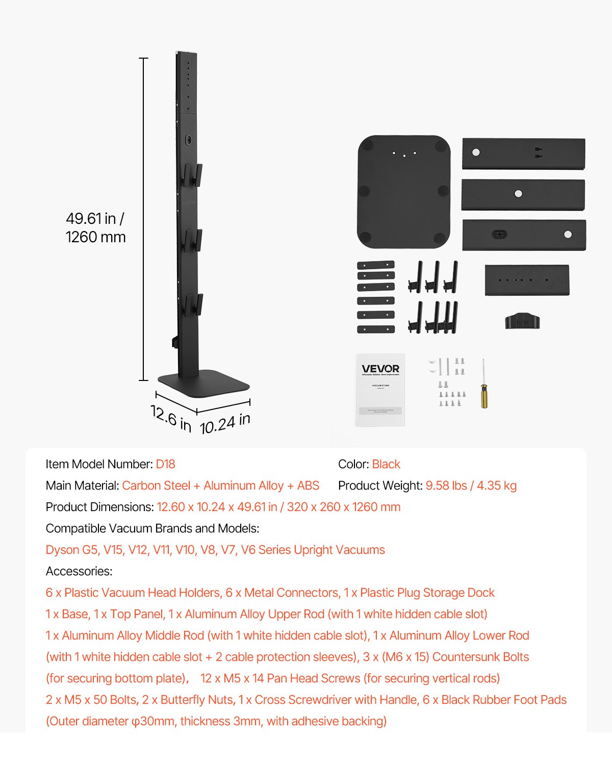 VEVOR Supporto per Aspirapolvere, Compatibile con Dyson G5 V15 V12 V11 V10 V8 V7 V6 Serie e Accessori, Supporto Universale Porta Aspirapolvere con 6 Ganci e Piedini Antiscivolo, Nero