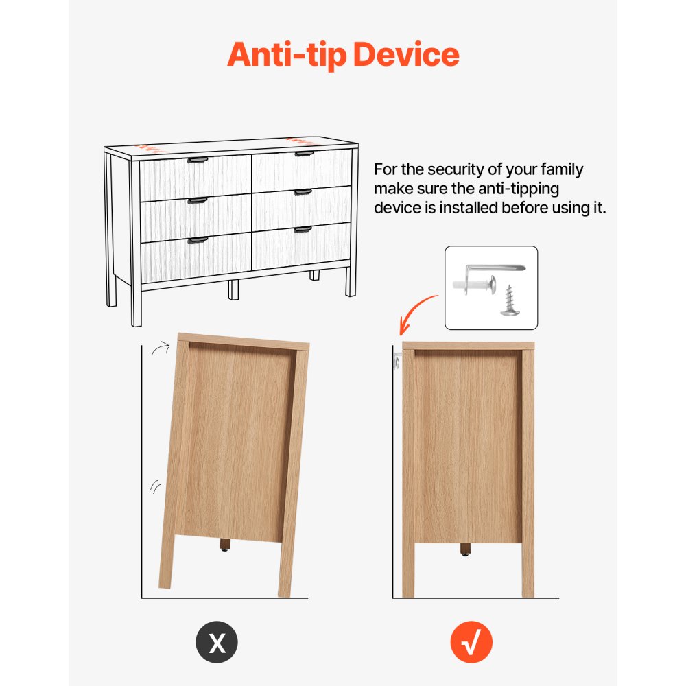 VEVOR Cassettiera a 6 Cassetti Scanalati, Cassettiera in Legno con Meccanismo Scorrevole e Antiribaltamento, Moderna e Minimalista, Organizzatore per Armadio per Camera da letto, Legno Chiaro