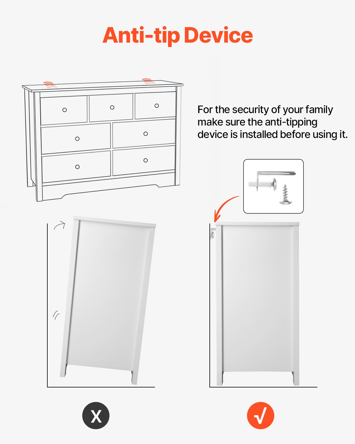 VEVOR Cassettiera a 7 Cassetti 40 x 119,9 x 81,3 cm Cassettiera in Legno con Meccanismo Scorrevole Antiribaltamento, Moderna e Minimalista, Organizzatore per Armadio per Camera da Letto, Bianco