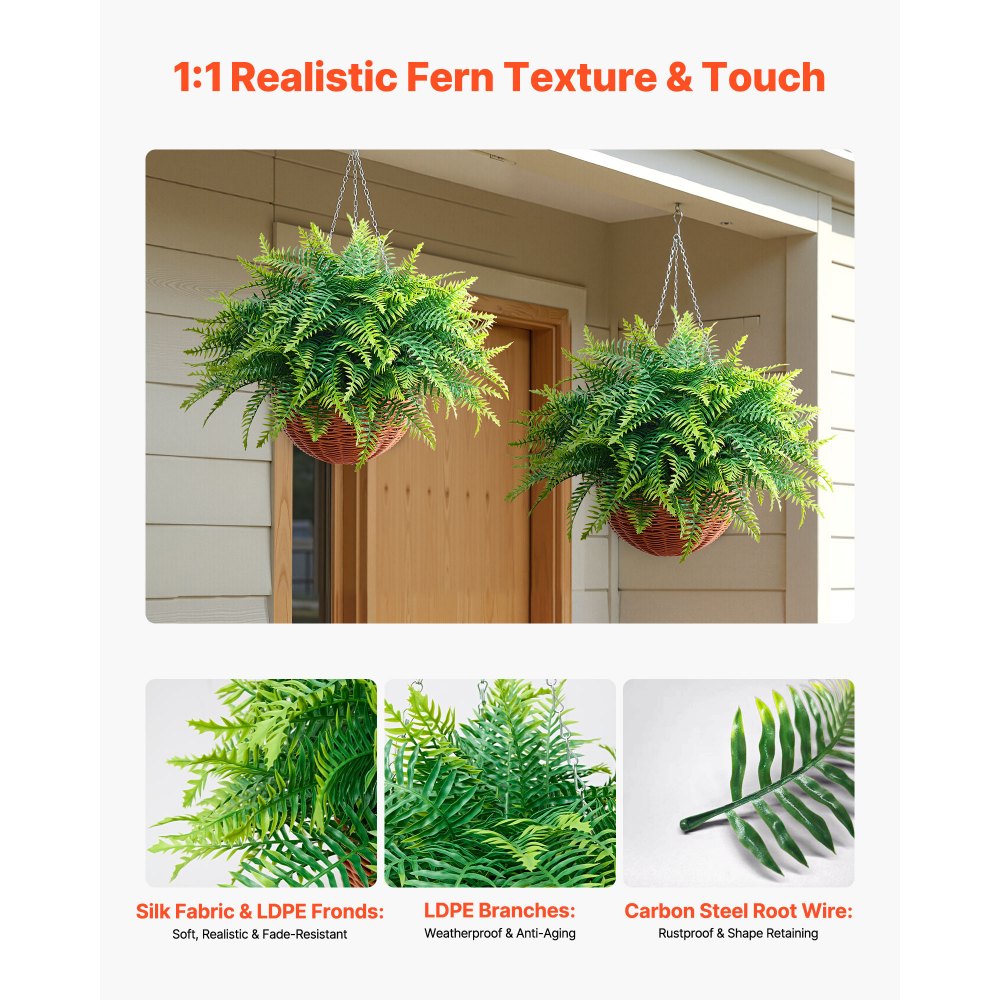 VEVOR Felci Artificiali Pendenti 2 pezzi, Pianta Finta di Felce di Boston Lunghezza Sospesa 584 mm, Felci Decorativi Cadenti in Plastica Interno Esterno da Parete, Casa Ufficio Giardino Feste Portico