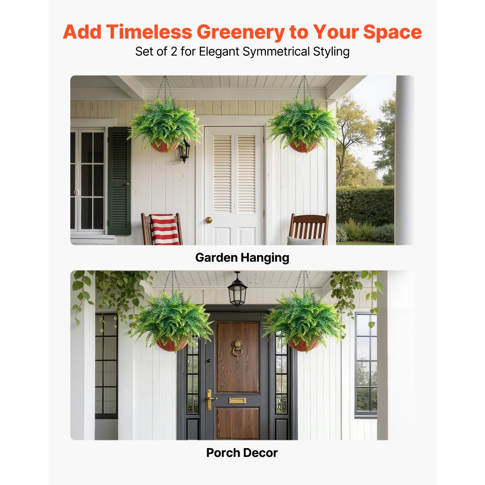 VEVOR Felci Artificiali Pendenti 2 pezzi, Pianta Finta di Felce di Boston Lunghezza Sospesa 584 mm, Felci Decorativi Cadenti in Plastica Interno Esterno da Parete, Casa Ufficio Giardino Feste Portico