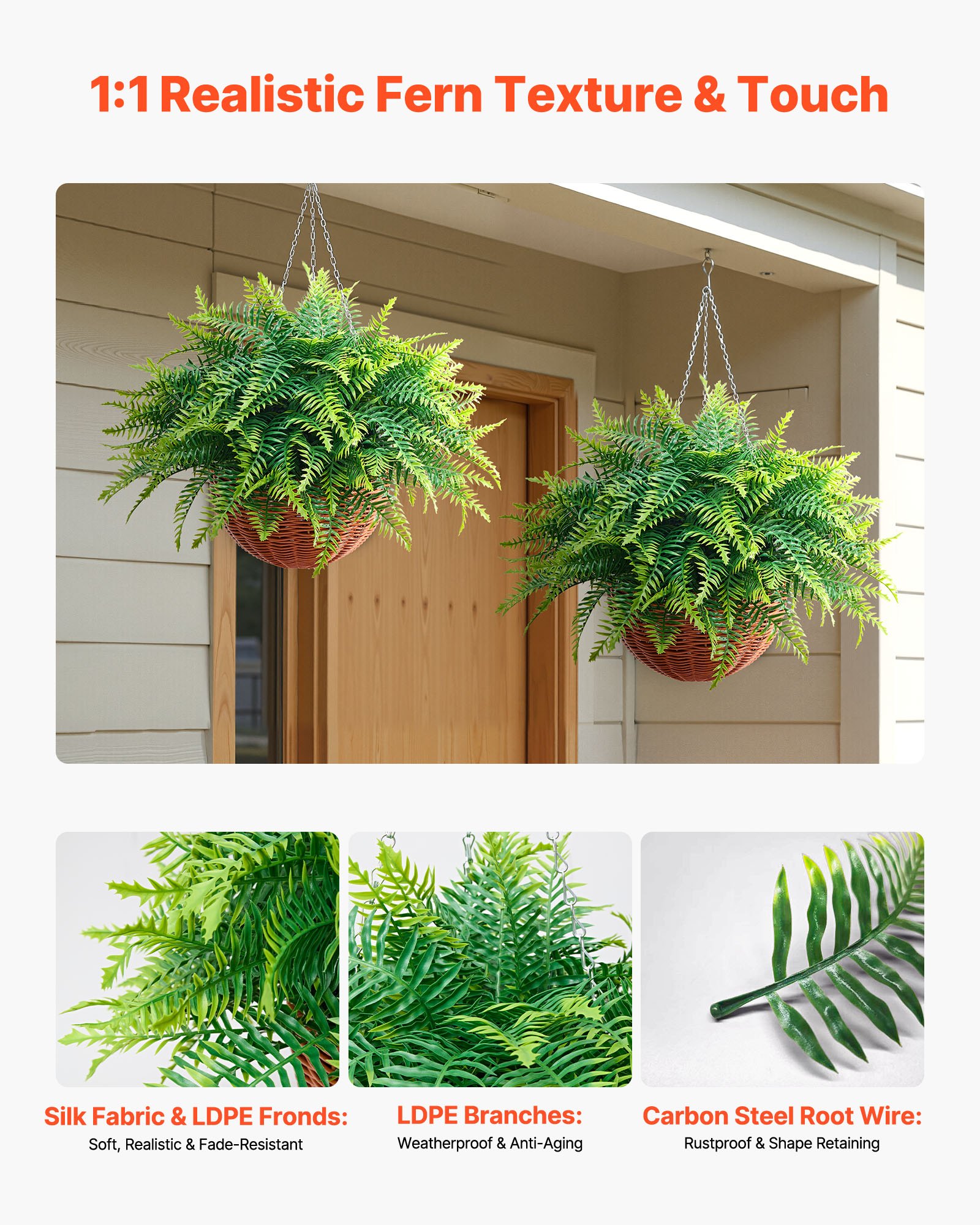 VEVOR Felci Artificiali Pendenti 2 pezzi, Pianta Finta di Felce di Boston Lunghezza Sospesa 584 mm, Felci Decorativi Cadenti in Plastica Interno Esterno da Parete, Casa Ufficio Giardino Feste Portico