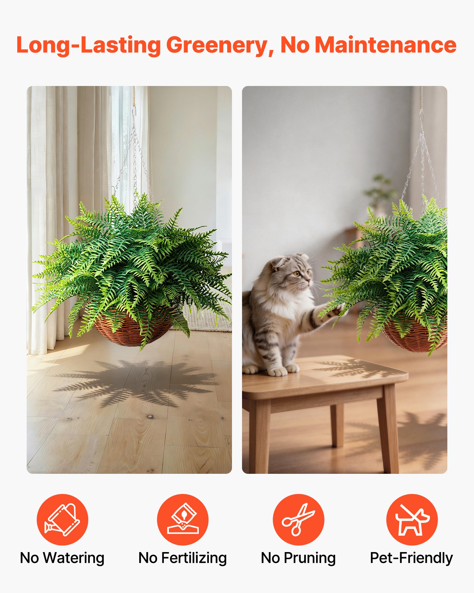 VEVOR Felci Artificiali Pendenti 2 pezzi, Pianta Finta di Felce di Boston Lunghezza Sospesa 584 mm, Felci Decorativi Cadenti in Plastica Interno Esterno da Parete, Casa Ufficio Giardino Feste Portico