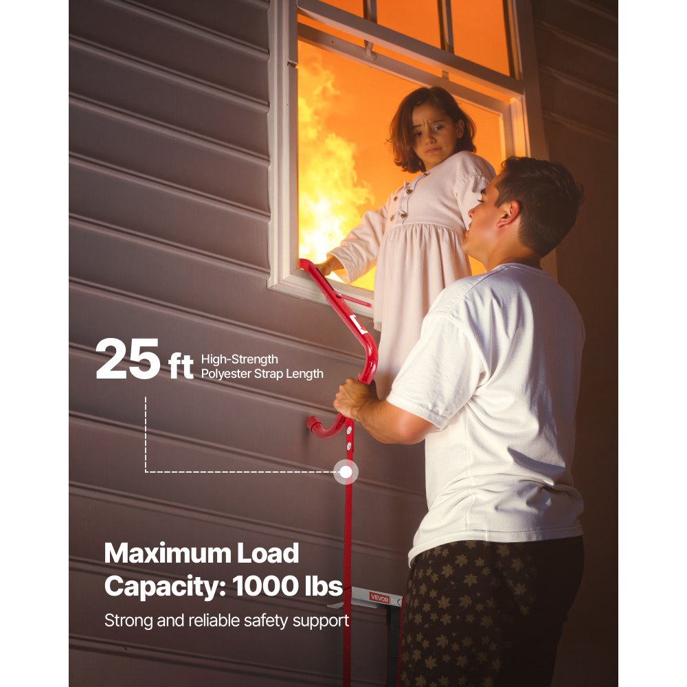 VEVOR Fire Escape Ladder, 3-Story 7.62m Retractable Emergency Fire Ladder, Lightweight Aluminum Alloy Safety Escape Ladders with Sturdy Polyester Strap, Anti-Slip Rung & Wide Steps, 453KG Max Loading