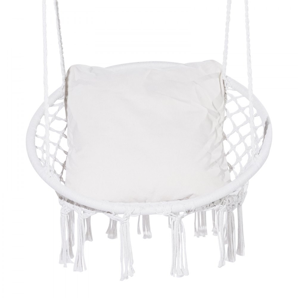 VEVOR Hanging Chair, 150 kg Load Capacity, Macrame Hanging Chair with Cushion and Mounting Hardware, Cotton Rope Rocking Chair for Bedroom, Balcony, Terrace, Garden, White