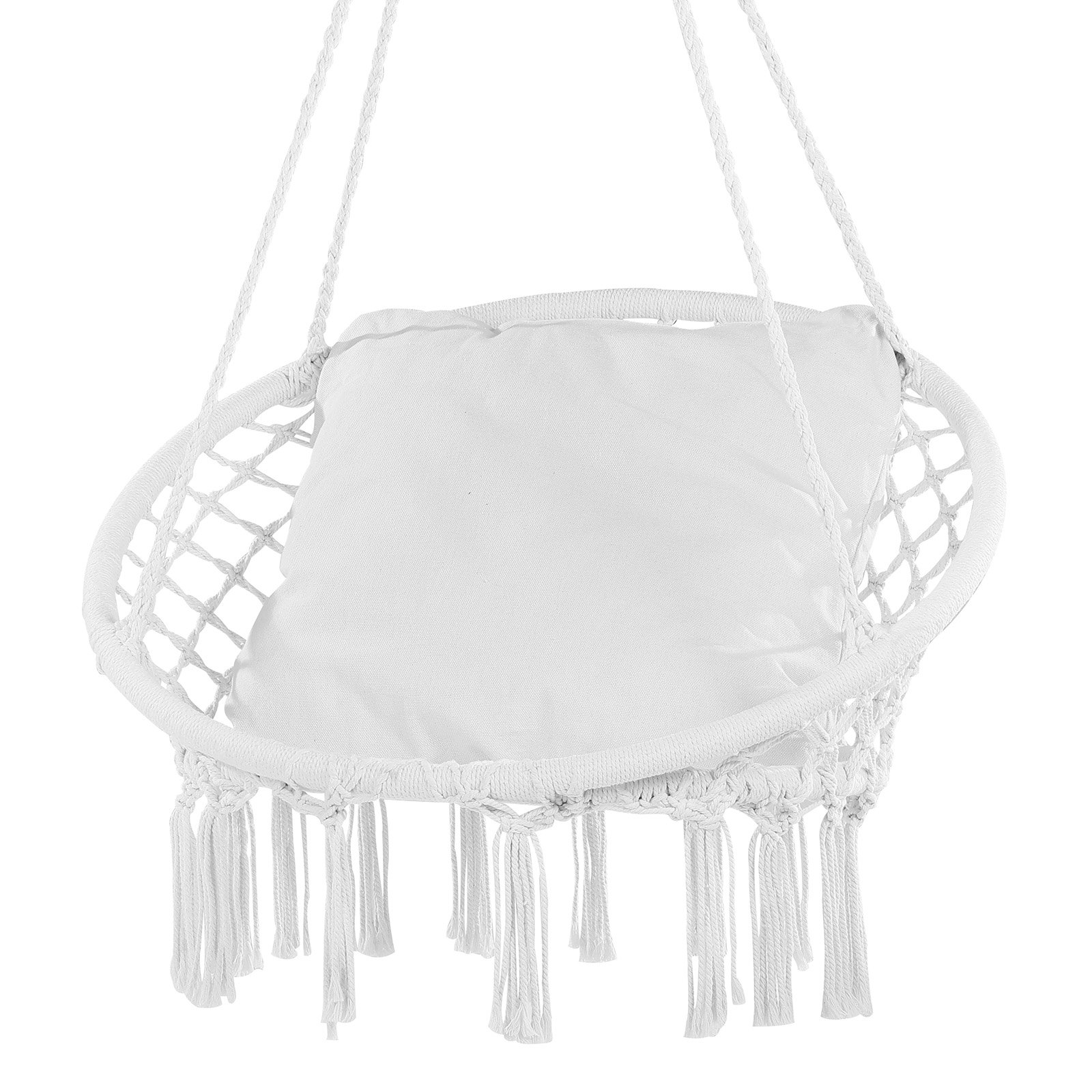 VEVOR Hanging Chair, 150 kg Load Capacity, Macrame Hanging Chair with Cushion and Mounting Hardware, Cotton Rope Rocking Chair for Bedroom, Balcony, Terrace, Garden, White