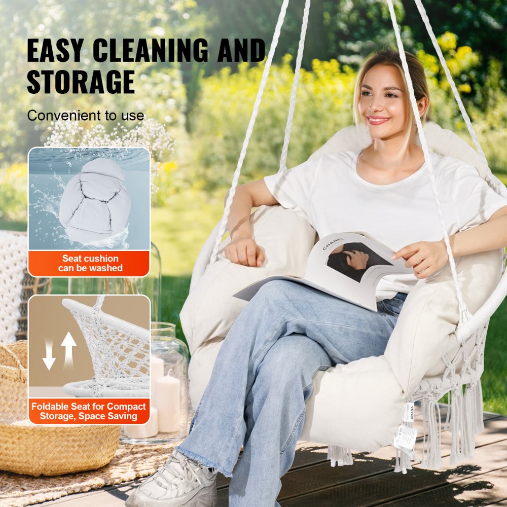 VEVOR Hanging Chair, Macrame Hanging Chair with Cushion and Mounting Hardware, Cotton Rope Swing Chair for Bedroom, Balcony, Terrace, Garden, 120 kg Load Capacity, White