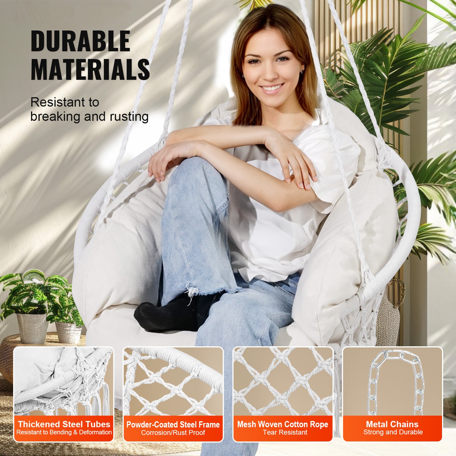 VEVOR Poltrona sospesa, 120 kg, Poltrona sospesa girevole in macramè, Cuscino, Materiali montaggio, Corda di cotone, Poltrona relax con frange, per camera da letto, giardino, Interno, Esterno, Bianco