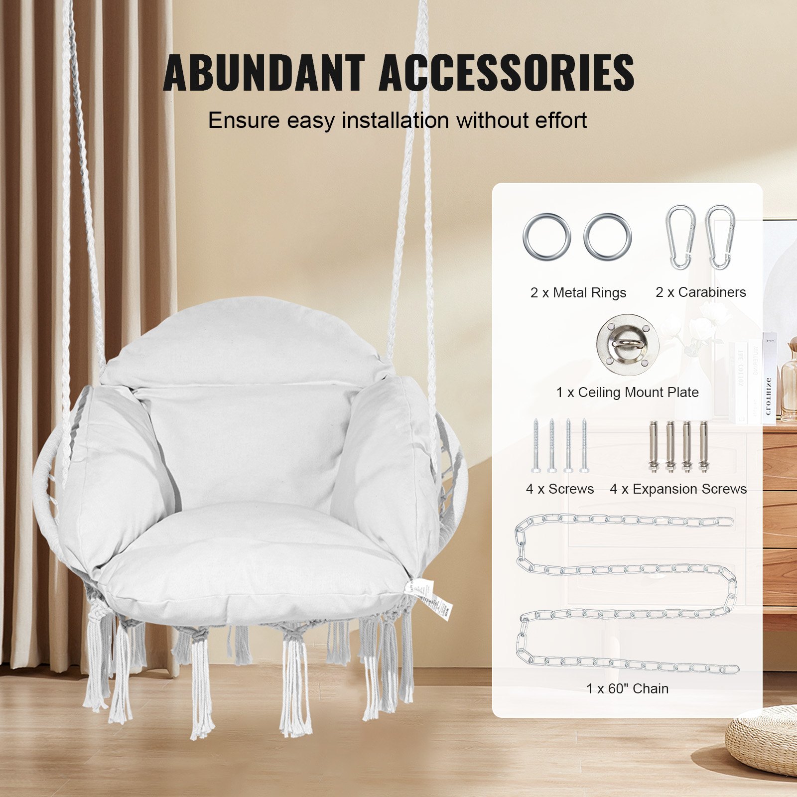 VEVOR Hanging Chair, Macrame Hanging Chair with Cushion and Mounting Hardware, Cotton Rope Swing Chair for Bedroom, Balcony, Terrace, Garden, 120 kg Load Capacity, White