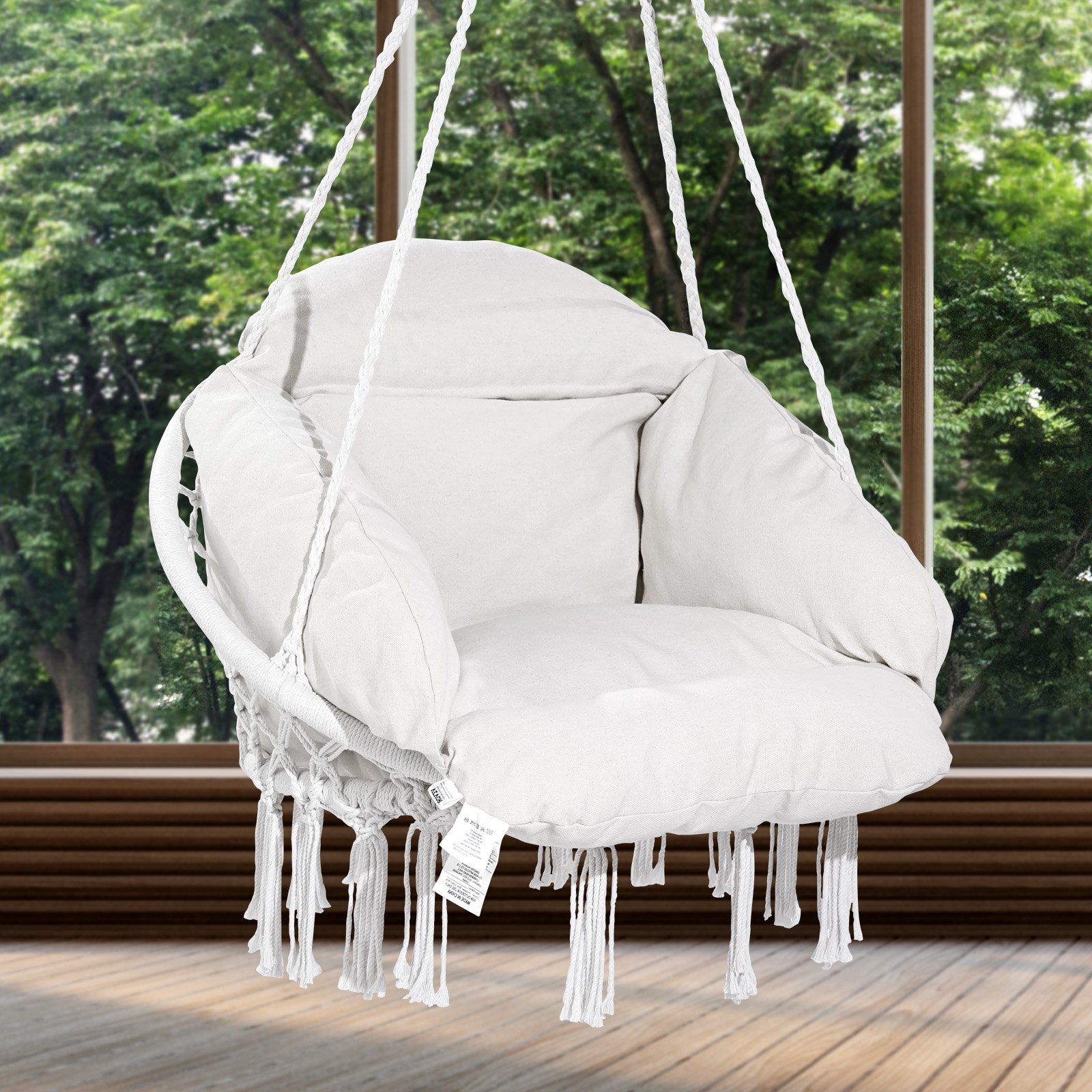 VEVOR Hanging Chair, Macrame Hanging Chair with Cushion and Mounting Hardware, Cotton Rope Swing Chair for Bedroom, Balcony, Terrace, Garden, 120 kg Load Capacity, White