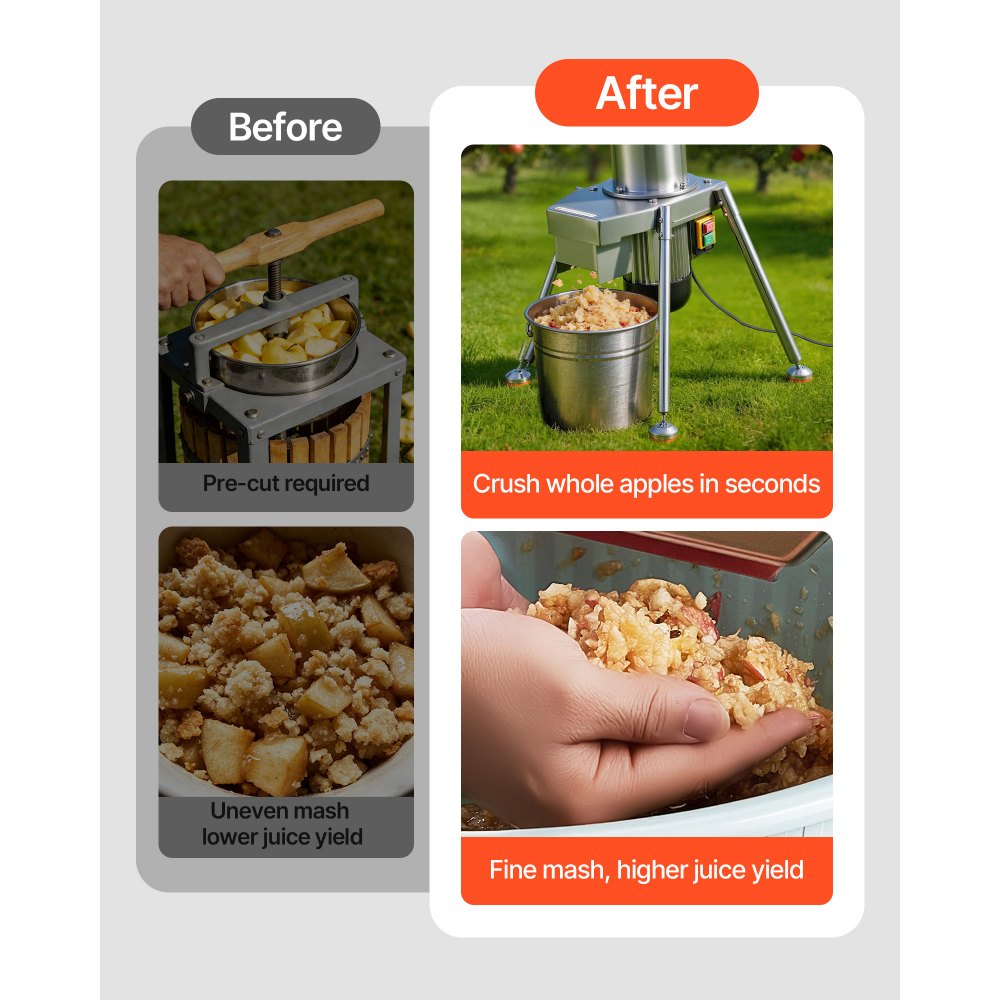 VEVOR Mulino per Frutta Spremiagrumi 1100 W, Macchina per Lavorazione della Frutta Capacità di 164 kg/h per Pera Mela Ananas Materiale in Acciaio Inox 304, Tritafrutta Elettrico da Pavimento