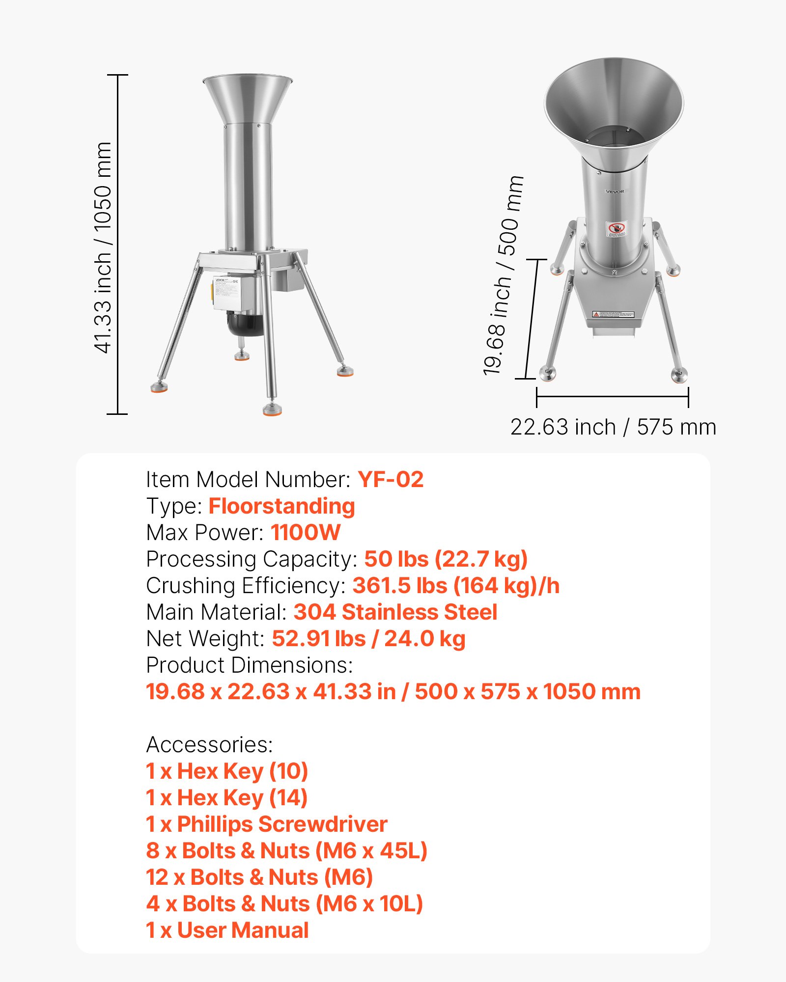 VEVOR Mulino per Frutta Spremiagrumi 1100 W, Macchina per Lavorazione della Frutta Capacità di 164 kg/h per Pera Mela Ananas Materiale in Acciaio Inox 304, Tritafrutta Elettrico da Pavimento